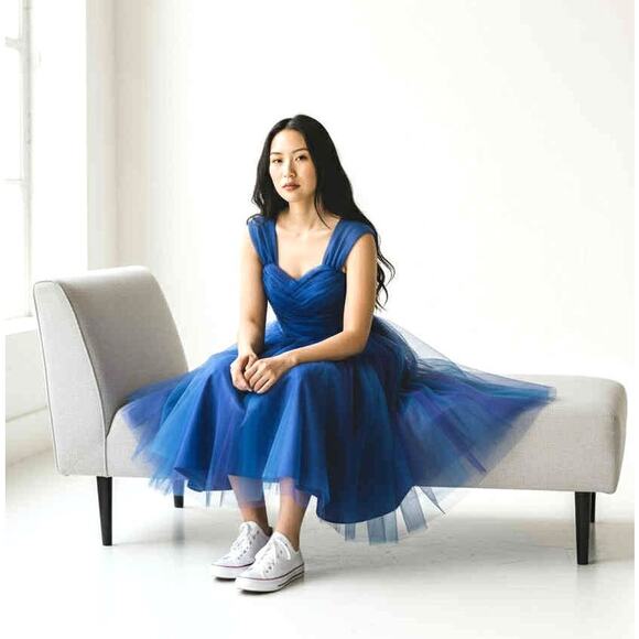 Vintage 1980s Masquerade Blue Tulle Prom Dress Ruched Sweetheart Midi Sz 3/4 EUC - Picture 3 of 4